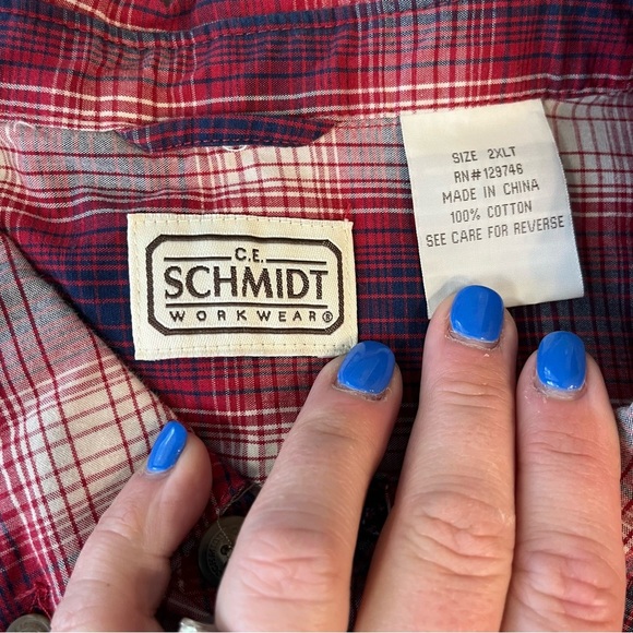 C.E. Schmidt workwear red navy plaid button down short sleeve size 2XLT - Picture 3 of 8